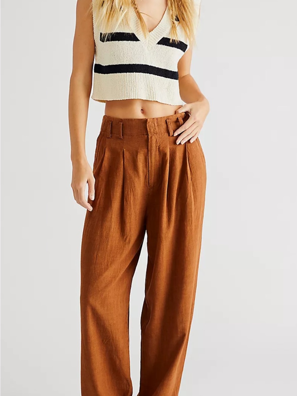 Free People Pleated Wide Leg Linen Blend Trousers Brown Size Small EUC